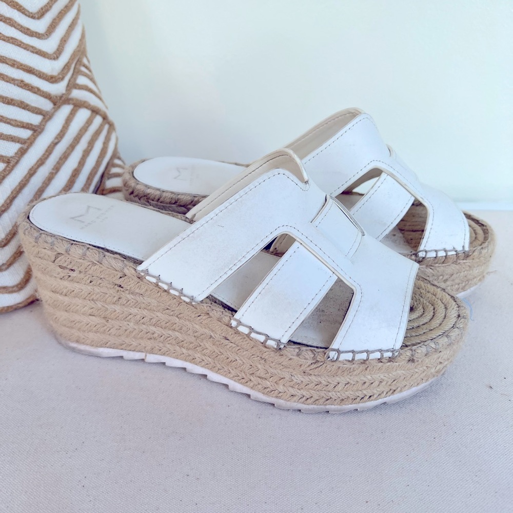 Women Marc Fisher 7.5 White Leather Greek Key Espadrille Wedge
